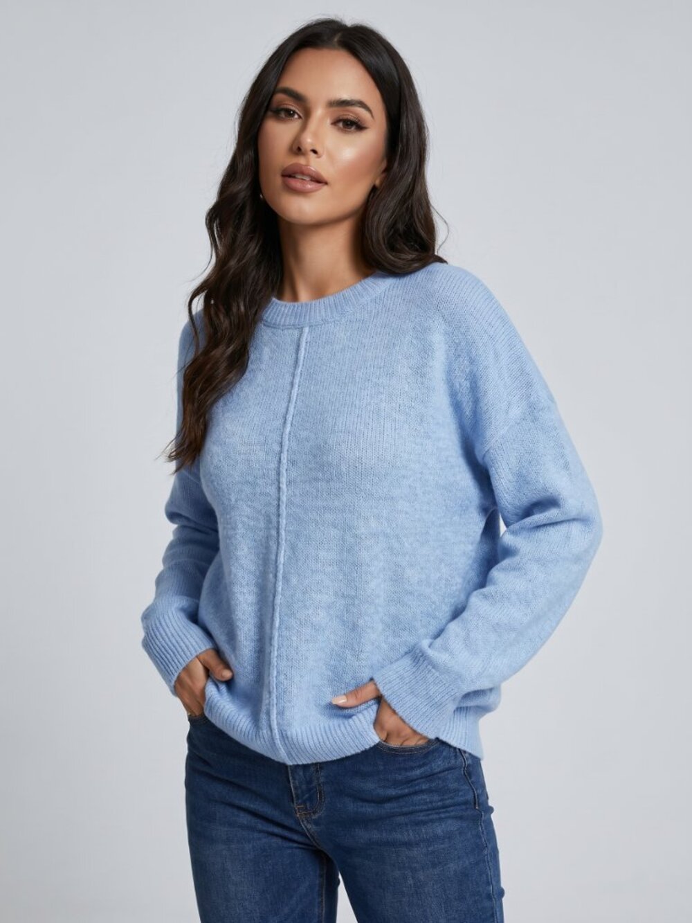 Women’s Soft Blue Oversized Knit Sweater Casual Drop Shoulder Pullover Top
